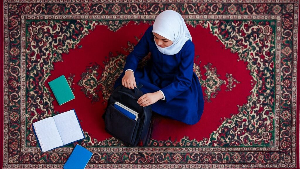 Jente i hijab pakker bøker i skolesekken sin sett ovenfra